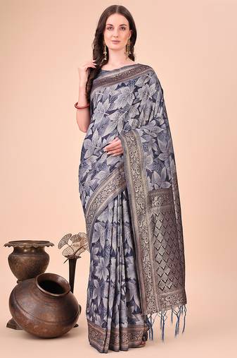 Grey floral print cotton silk blend saree with zari pallu