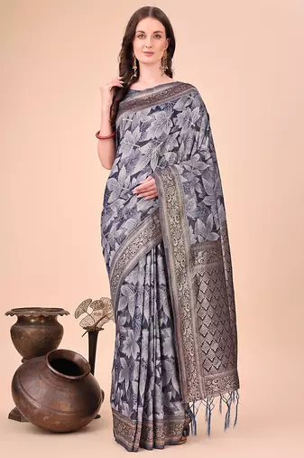 Grey floral print cotton silk blend saree with zari pallu