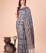 Grey floral print cotton silk blend saree with zari pallu