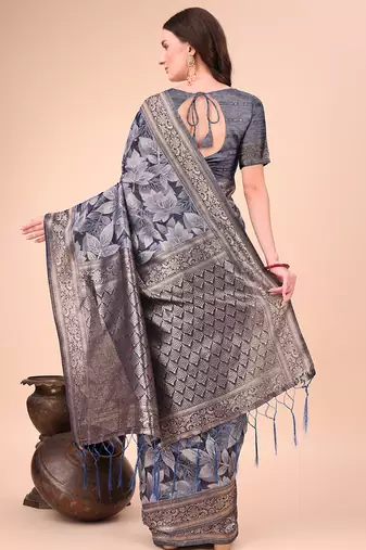 Grey floral print cotton silk blend saree with zari pallu