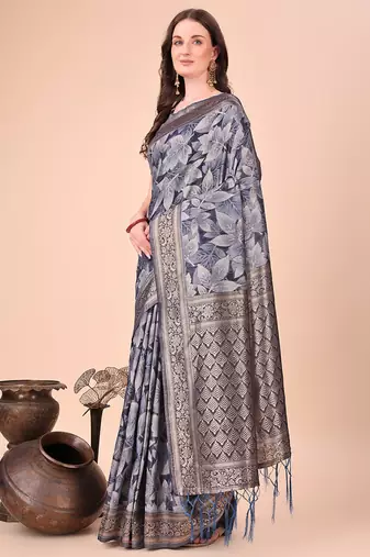 Grey floral print cotton silk blend saree with zari pallu