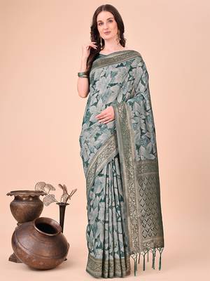 Teal green floral print cotton silk blend saree with zari pallu 1