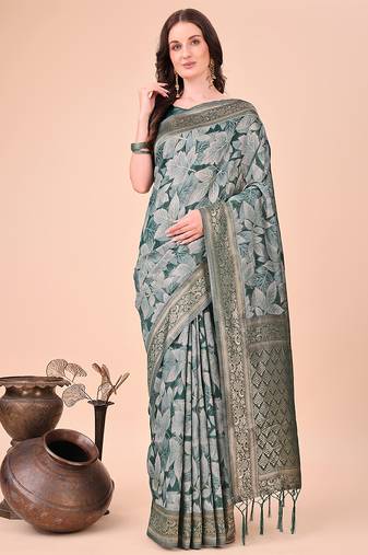 Teal green floral print cotton silk blend saree with zari pallu