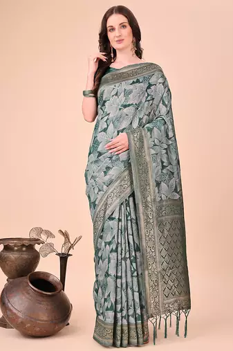 Teal green floral print cotton silk blend saree with zari pallu