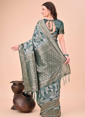 Teal green floral print cotton silk blend saree with zari pallu 2