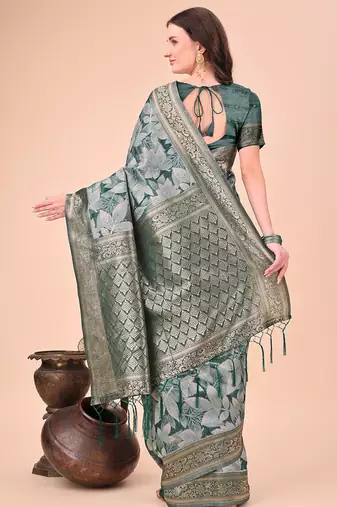 Teal green floral print cotton silk blend saree with zari pallu