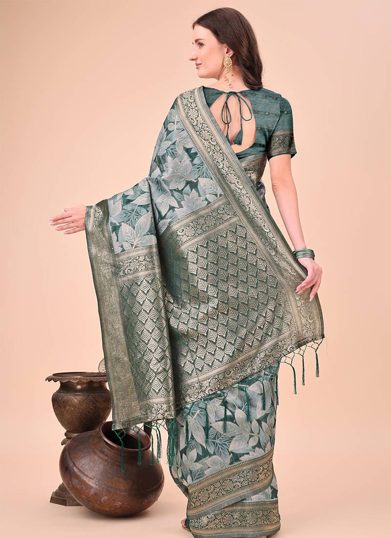 Teal green floral print cotton silk blend saree with zari pallu
