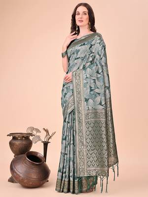 Teal green floral print cotton silk blend saree with zari pallu 3