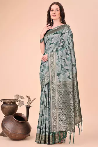Teal green floral print cotton silk blend saree with zari pallu
