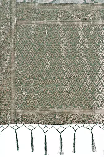 Teal green floral print cotton silk blend saree with zari pallu