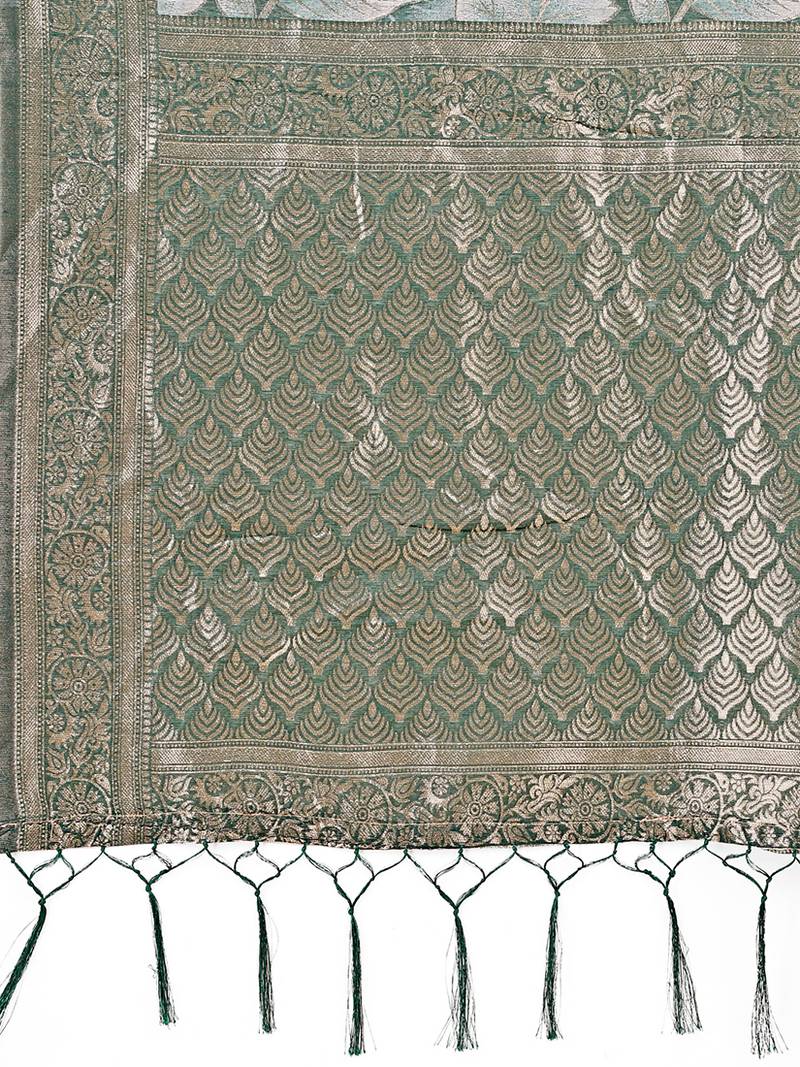 Teal green floral print cotton silk blend saree with zari pallu