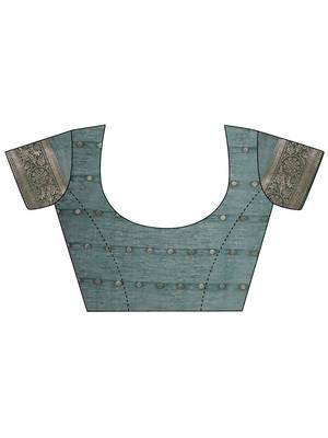 Teal green floral print cotton silk blend saree with zari pallu 5