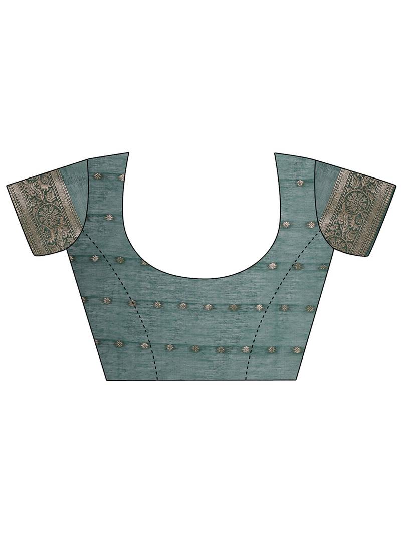 Teal green floral print cotton silk blend saree with zari pallu