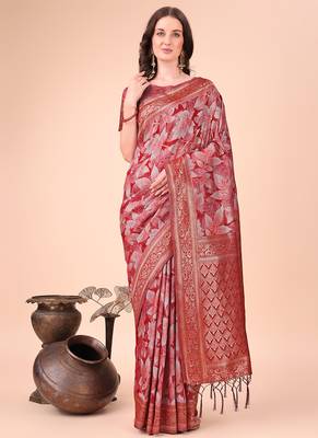 Red floral print cotton silk blend saree with zari pallu 1