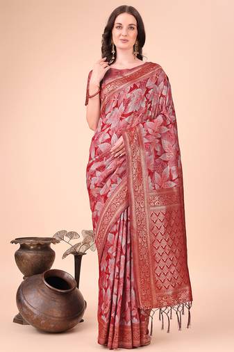 Red floral print cotton silk blend saree with zari pallu