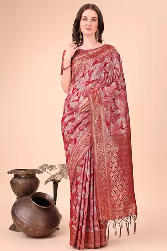 Red floral print cotton silk blend saree with zari pallu