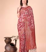 Red floral print cotton silk blend saree with zari pallu