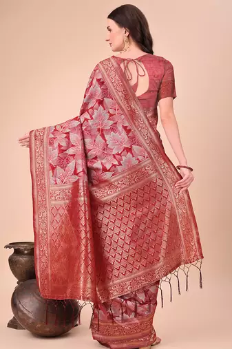Red floral print cotton silk blend saree with zari pallu