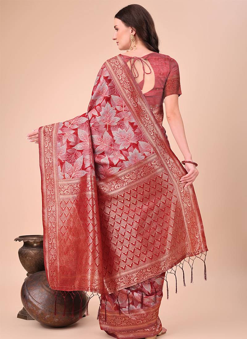 Red floral print cotton silk blend saree with zari pallu