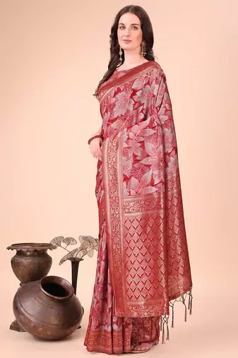 Red floral print cotton silk blend saree with zari pallu