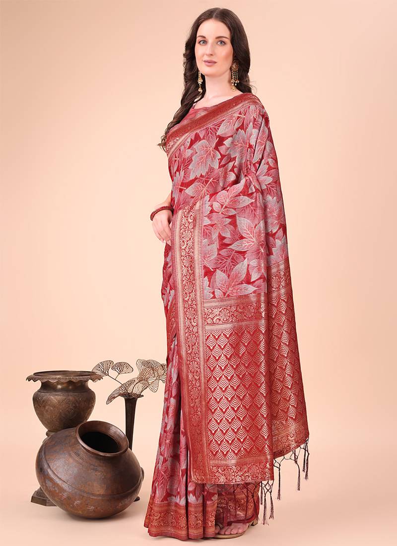 Red floral print cotton silk blend saree with zari pallu