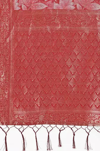 Red floral print cotton silk blend saree with zari pallu