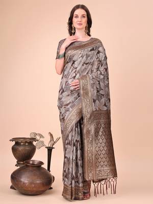 Brown floral print cotton silk blend saree with zari pallu 1