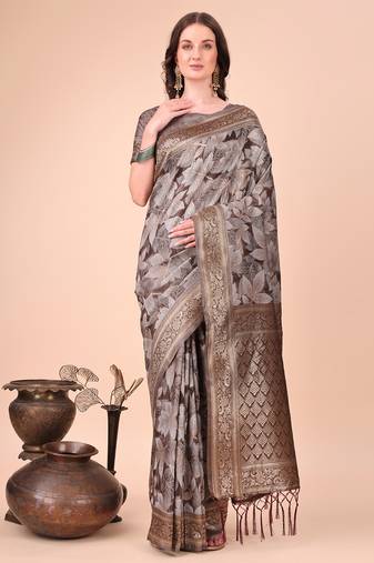 Brown floral print cotton silk blend saree with zari pallu
