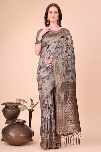 Brown floral print cotton silk blend saree with zari pallu