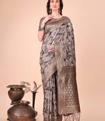Brown floral print cotton silk blend saree with zari pallu