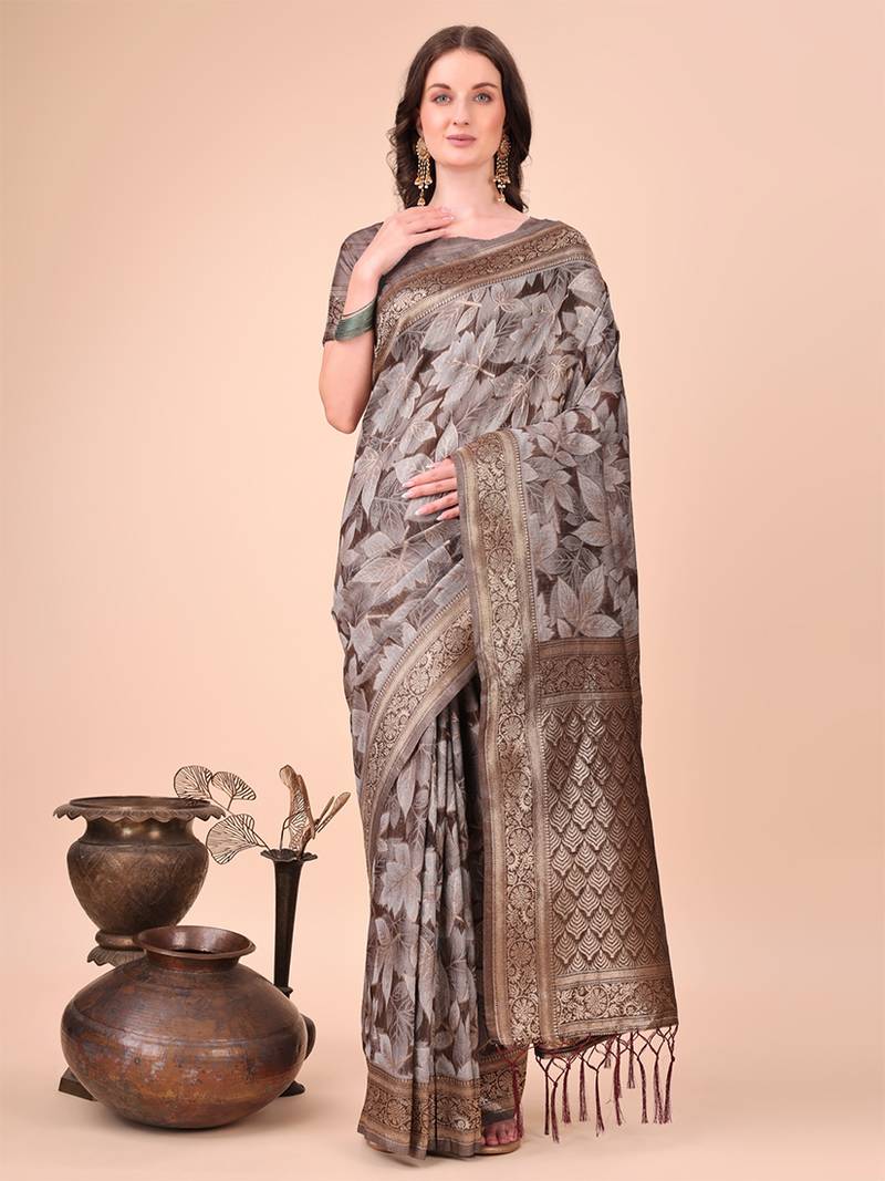 Brown floral print cotton silk blend saree with zari pallu