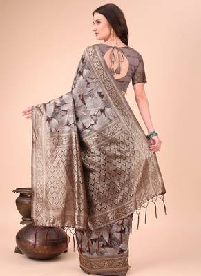Brown floral print cotton silk blend saree with zari pallu 2