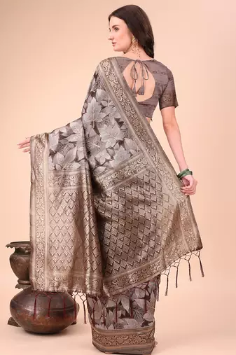 Brown floral print cotton silk blend saree with zari pallu