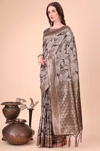 Brown floral print cotton silk blend saree with zari pallu