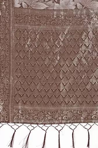 Brown floral print cotton silk blend saree with zari pallu