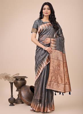 Grey woven linen silk blend saree with metallic striped border 1