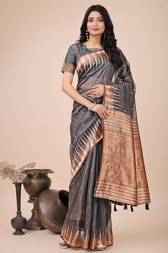 Grey woven linen silk blend saree with metallic striped border