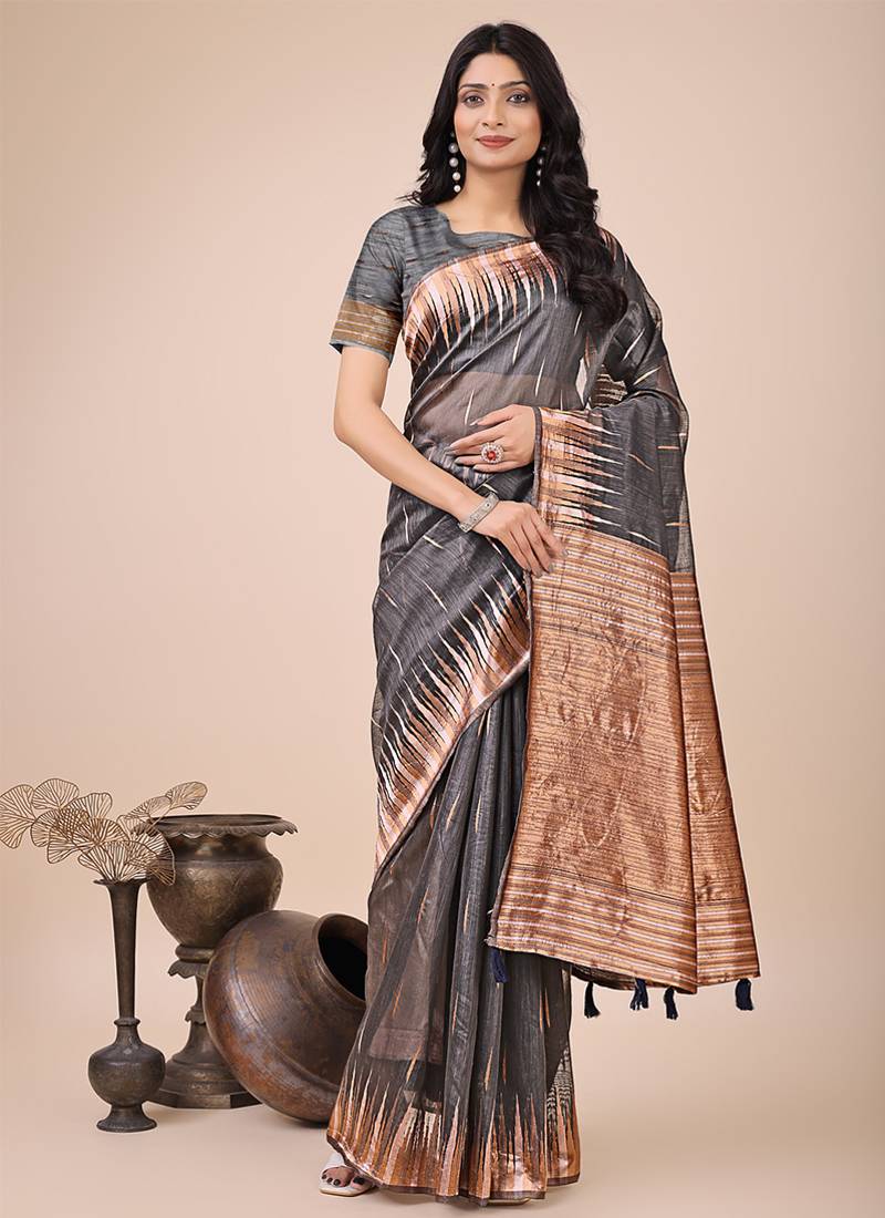 Grey woven linen silk blend saree with metallic striped border