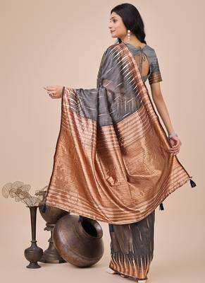 Grey woven linen silk blend saree with metallic striped border 2