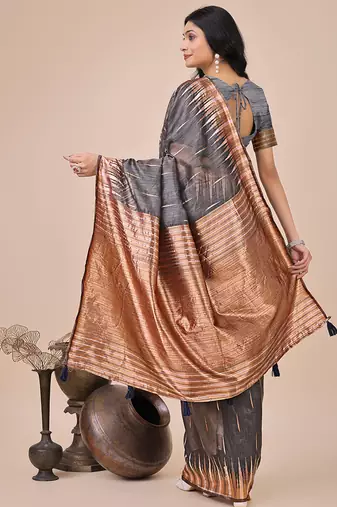 Grey woven linen silk blend saree with metallic striped border