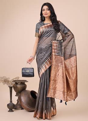 Grey woven linen silk blend saree with metallic striped border 3