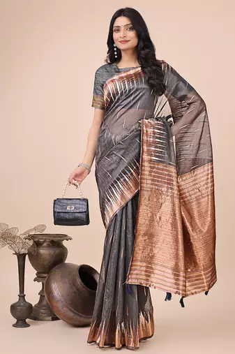 Grey woven linen silk blend saree with metallic striped border