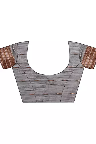 Grey woven linen silk blend saree with metallic striped border
