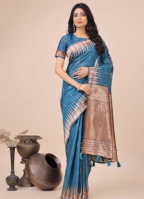 Teal blue woven linen silk blend saree with metallic striped border 1