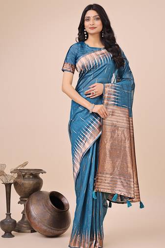 Teal blue woven linen silk blend saree with metallic striped border