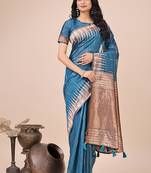 Teal blue woven linen silk blend saree with metallic striped border