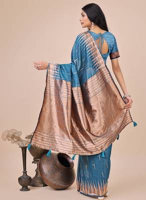 Teal blue woven linen silk blend saree with metallic striped border 2