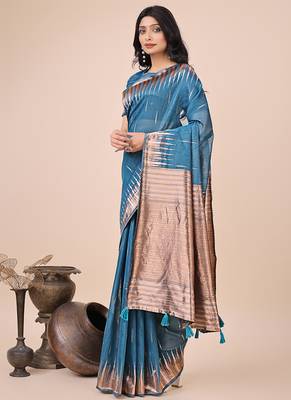 Teal blue woven linen silk blend saree with metallic striped border 3