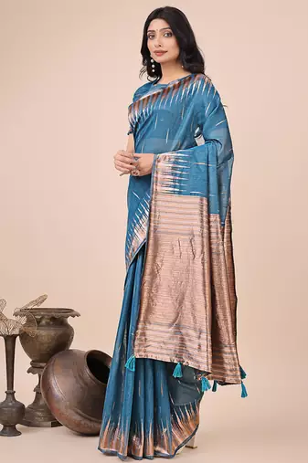 Teal blue woven linen silk blend saree with metallic striped border