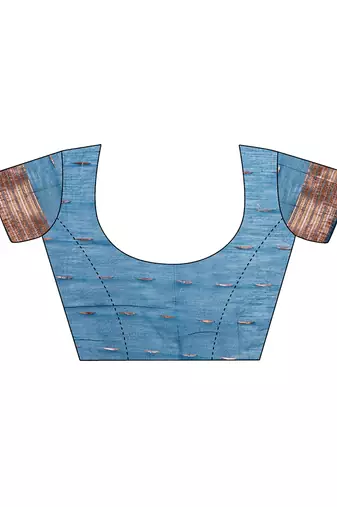 Teal blue woven linen silk blend saree with metallic striped border